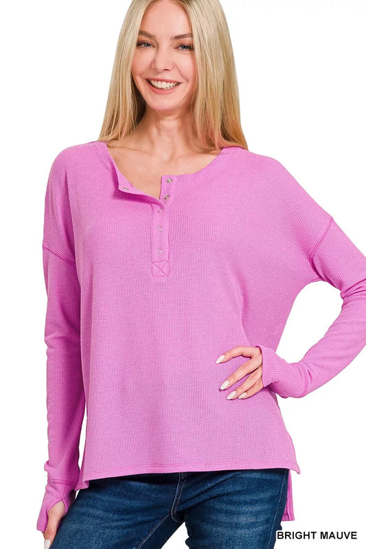 Zenana Waffle Thumb Hole Cuffs Henley Tee