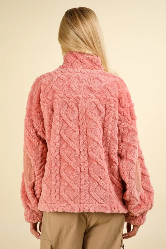 VERY J Fuzzy Fleece Half Zip Cable Pattern Sweatshirt