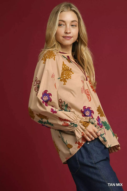 Umgee Floral Print Flounce Sleeve Blouse