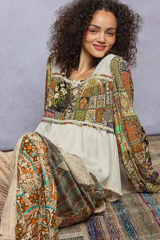 POL Balloon Sleeve Peplum Blouse with Trim Detail
