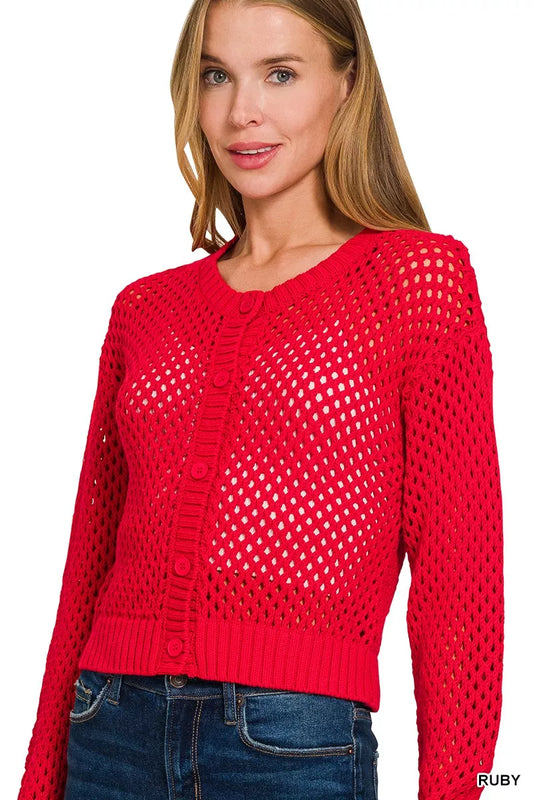 Zenana Button Down Lightweight Crochet Cardigan Sweater