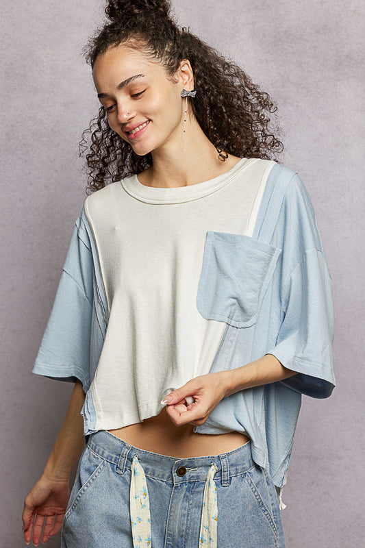 POL Color Block Patchwork Cropped T-Shirt