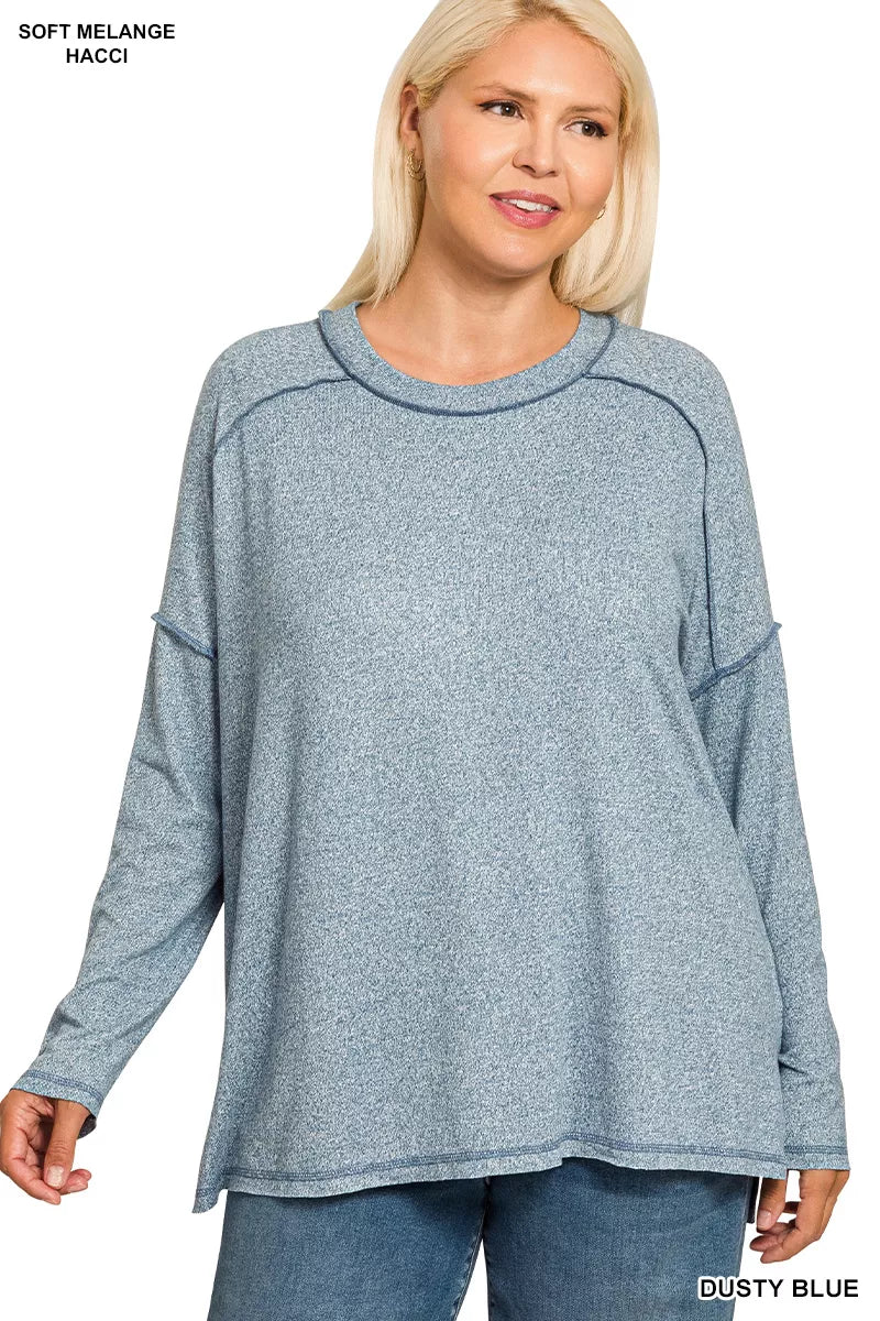 Zenana Full Size Melange Hacci Exposed Seam Hi-low Tee Plus Size