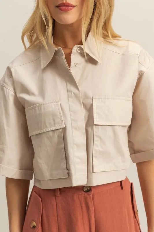 HYFVE Front Pockets Poplin Collared Neck Crop Shirt