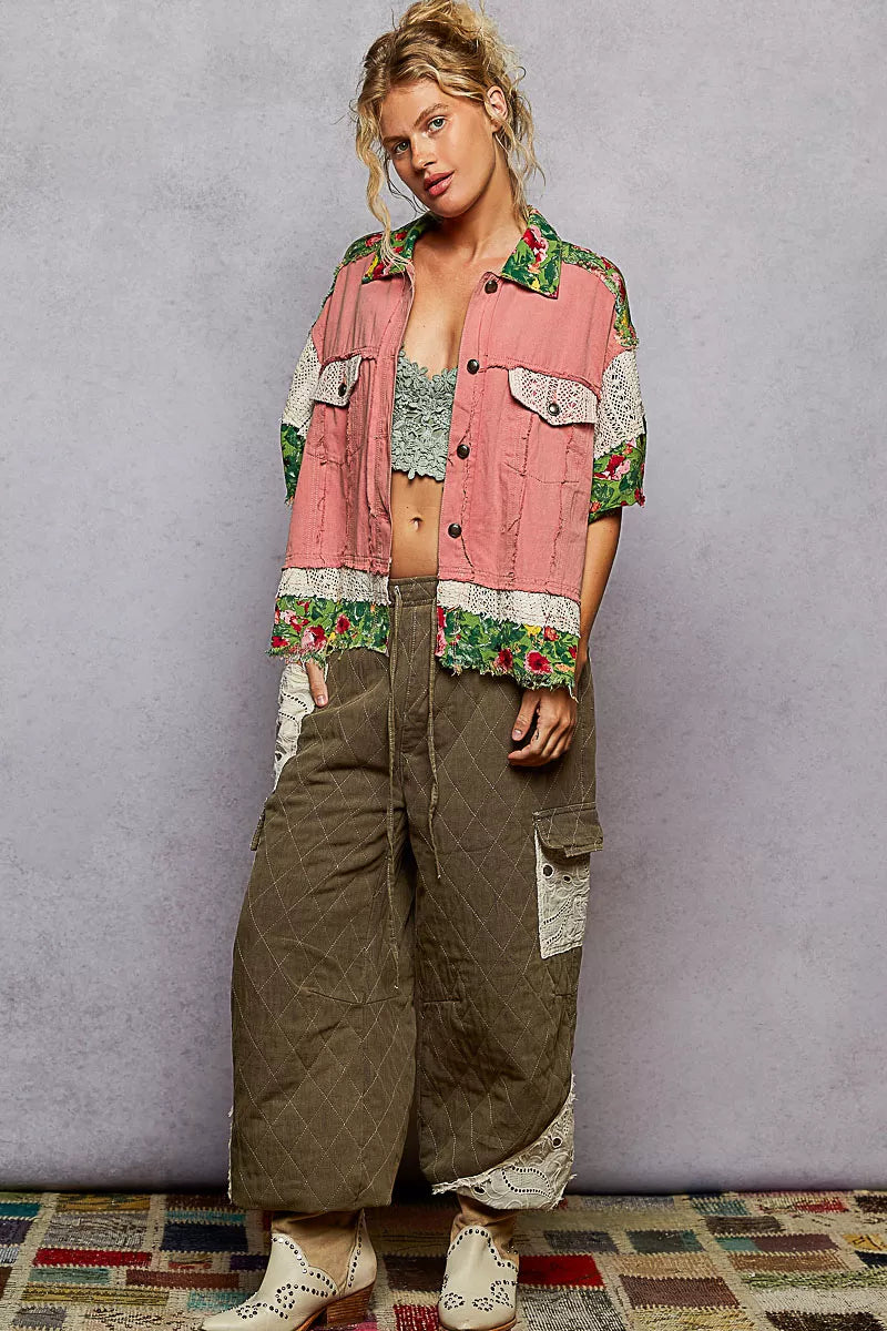 POL Lace Patch Floral Half Sleeve Shacket