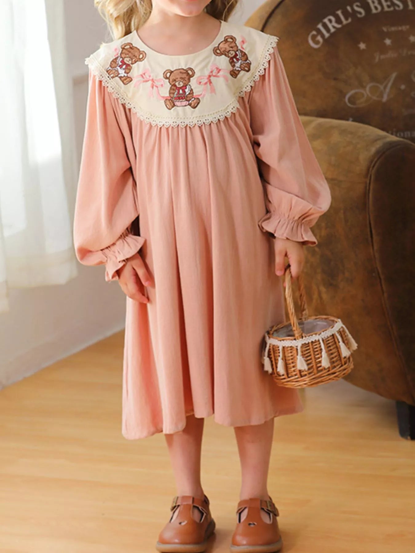 Children's Teddy Bear Embroidered Collar Long Sleeve Dress