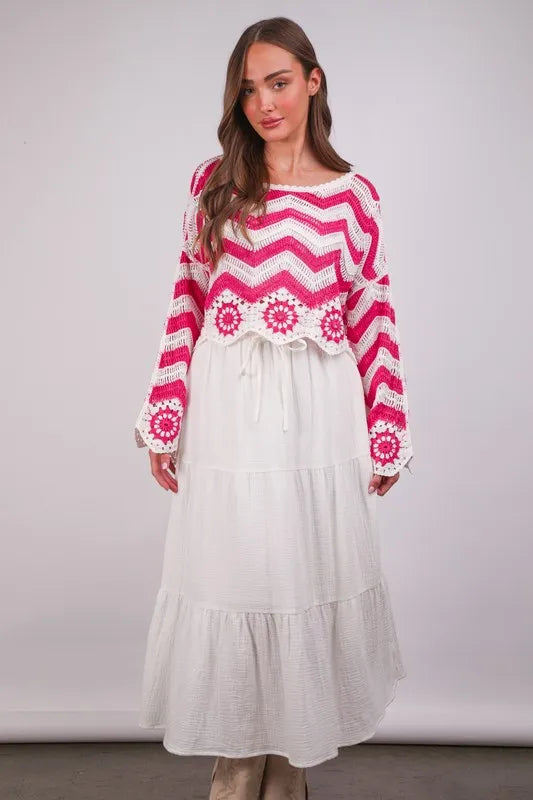 VERY J Chevron/Floral Pattern Crochet Knit Top