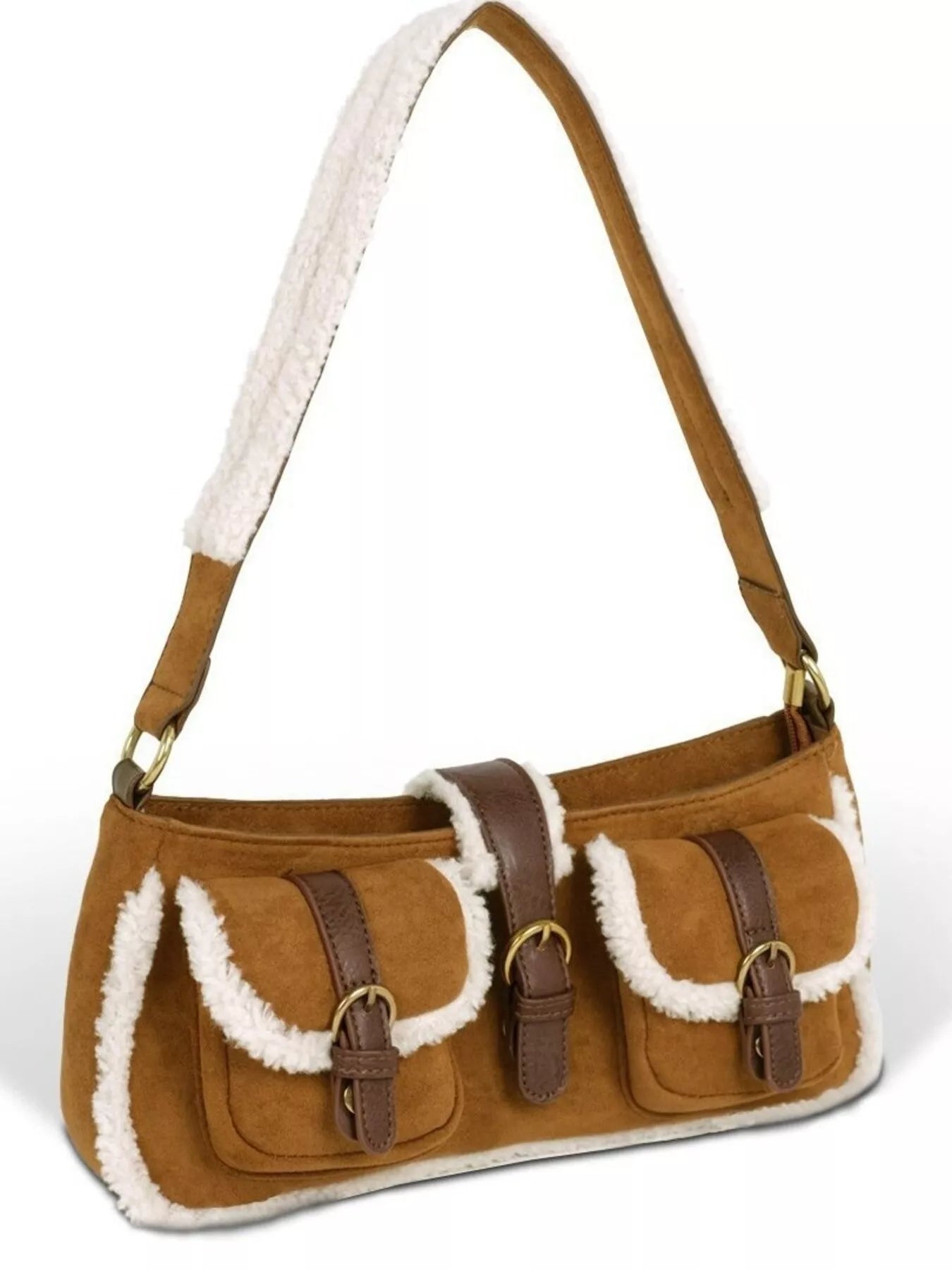 Vintage Suede Shoulder Bag with Plush Trim