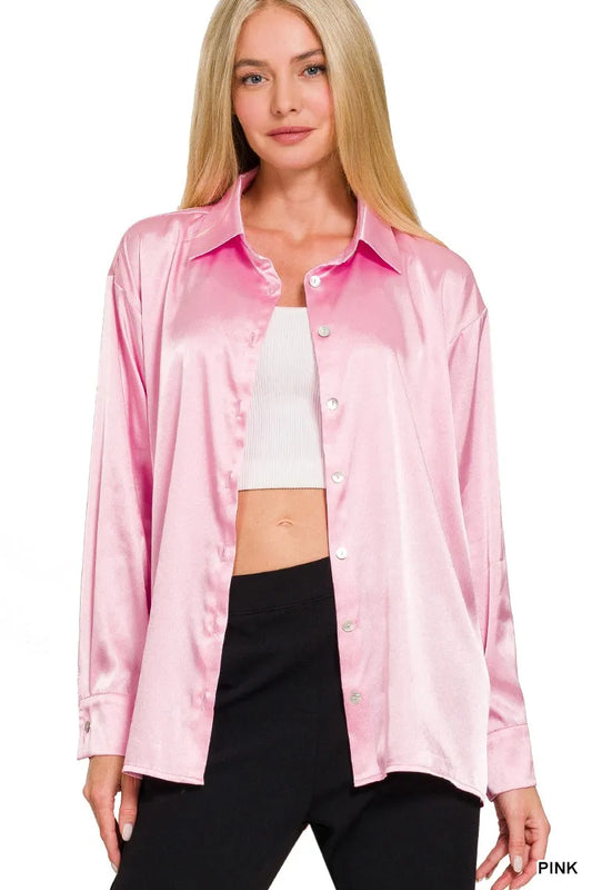 Zenana Satin Button Down Long Sleeve Shirt