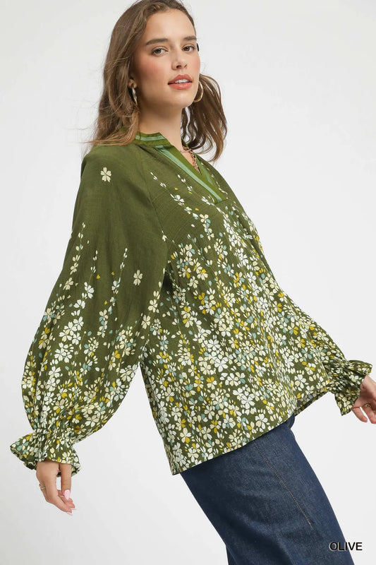 Umgee Floral Vine Print Blouse with Balloon Sleeves