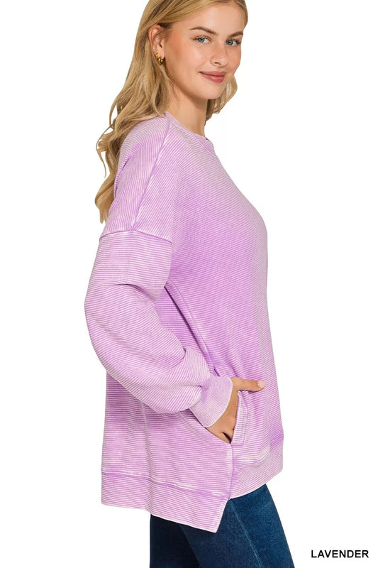 Zenana Acid Washed Double Ribbed Hi-low Sweatshirt