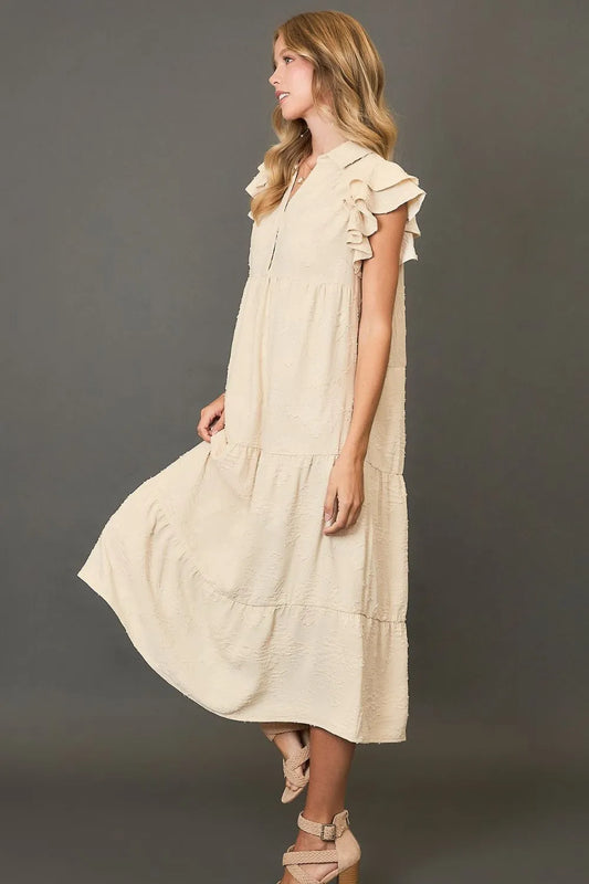 Umgee Full Size Tiered Floral Burnout Ruffle Sleeve Midi Dress Plus Size