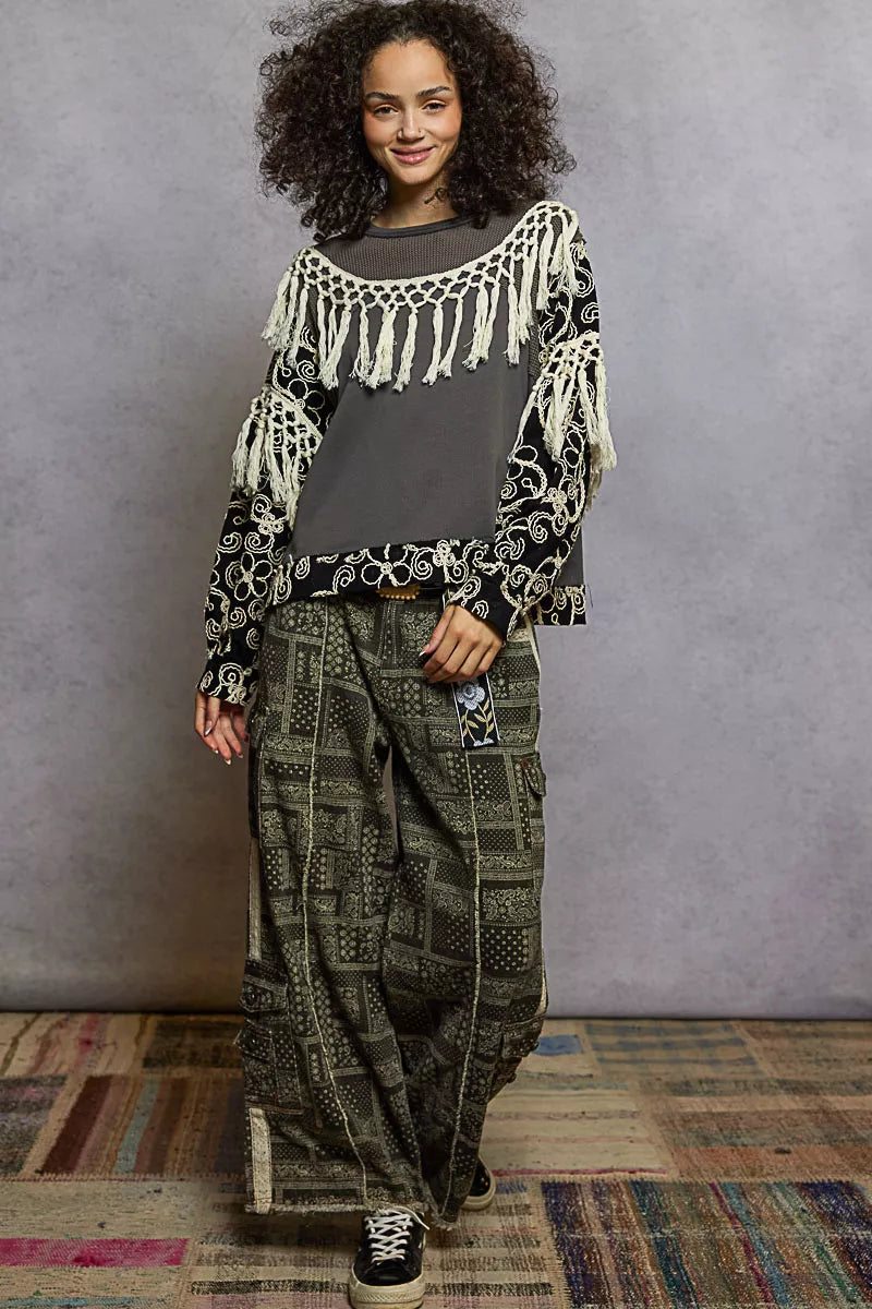 POL Contrast Floral Embroidery Balloon Sleeve Top with Tassel Trim