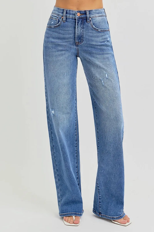 RISEN Full Size Tummy Control Elastic Band High Rise Wide Jeans Plus Size