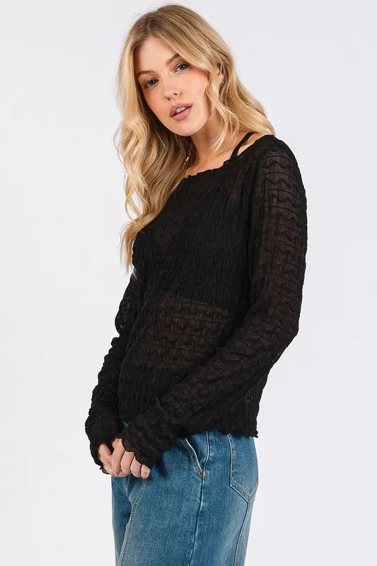 Mittoshop Lettuce Hem Boat Neck Long Sleeve Blouse