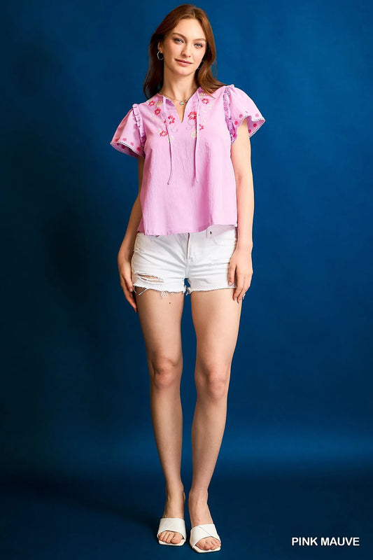 Umgee Floral Embroidered Tie Neck Short Sleeve Blouse