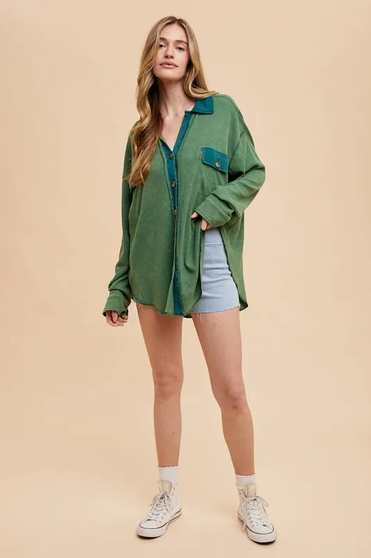 Annie Wear Waffle-Knit Mineral Washed Button Down Shirt