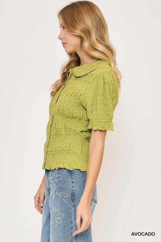 Umgee Smocked Short Sleeve Button-Front Shirt with Peter Pan Collar