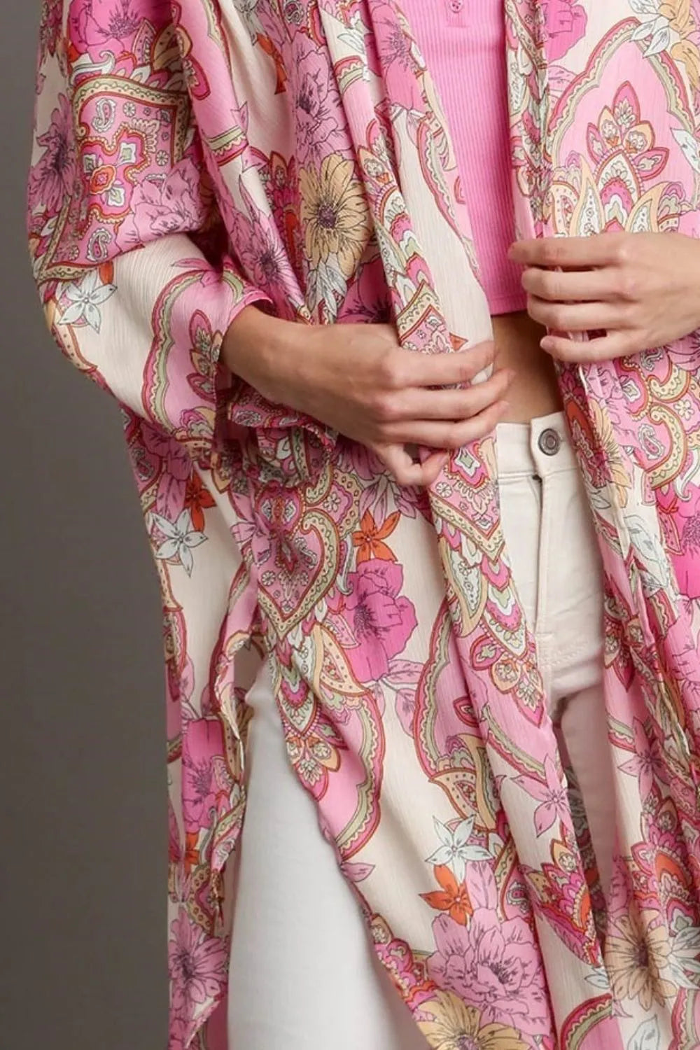 Umgee Full Size Mixed Print Open Front Kimono with Ruffle Sleeves Plus Size