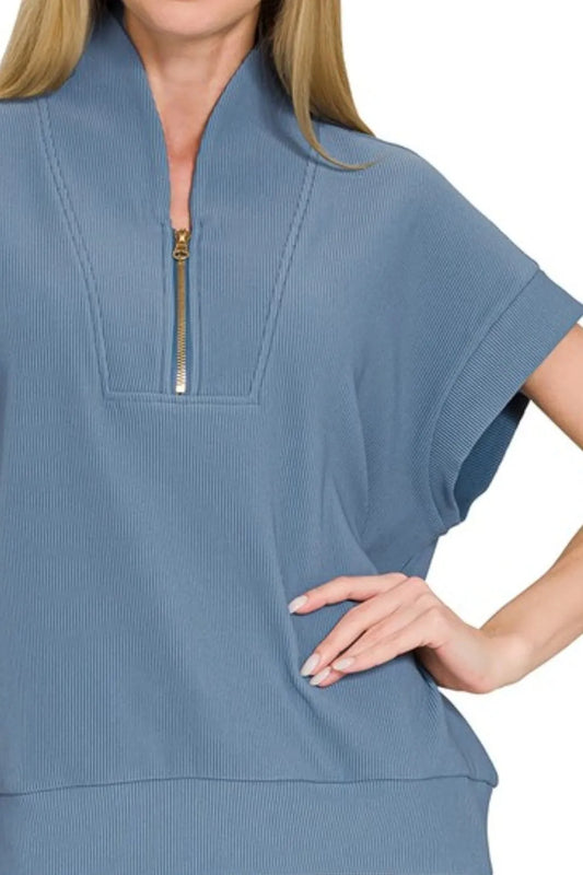 Zenana Ribbed High Neck Half Zip Top