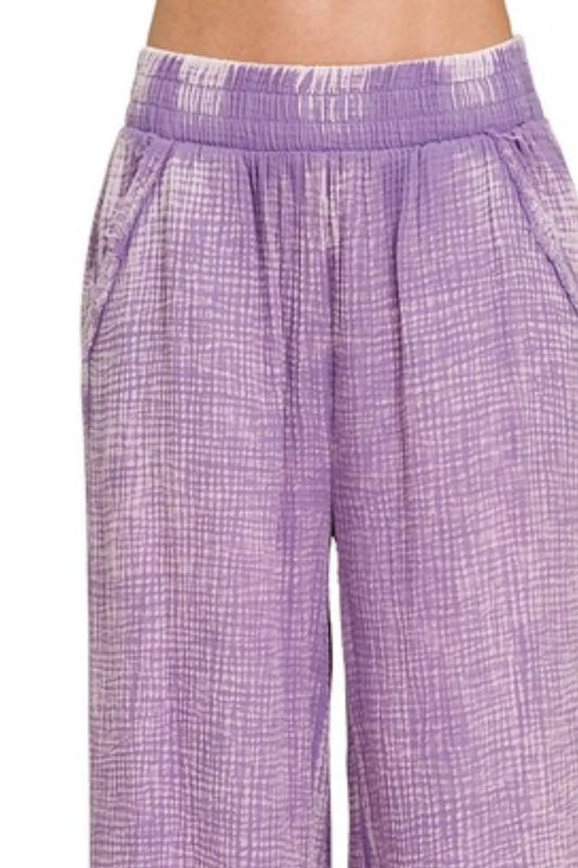 Zenana Washed Double Gauze Elastic Band Waist Pants