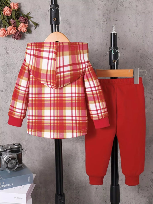 Children's Plaid Button Up Hooded Top & Pants Set