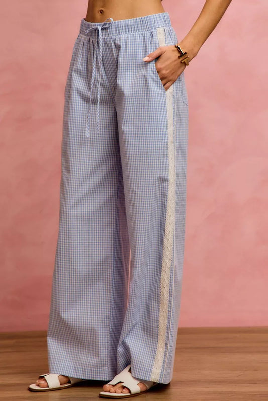 SO ME Wide Check Pants With Side Lace Trim And Piping