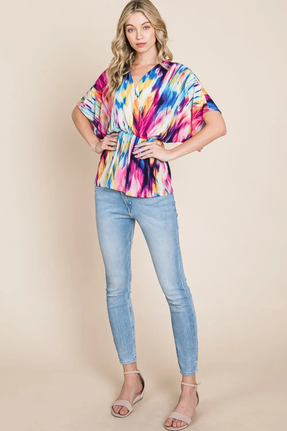 BOMBOM Printed Surplice Peplum Blouse