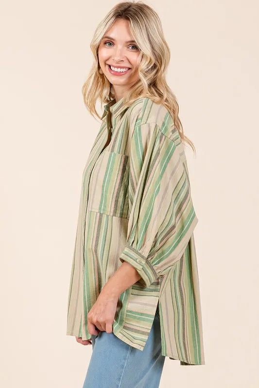 Mittoshop Striped Bubble Sleeve Button Down Shirt