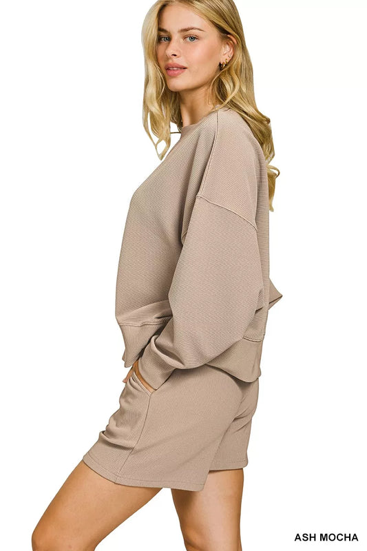 Zenana Ribbed Round Neck Pullover and Shorts Set