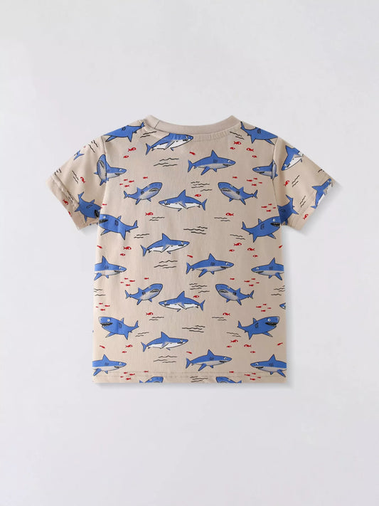 Children's Shark Print Crew Neck Short Sleeve T-Shirt