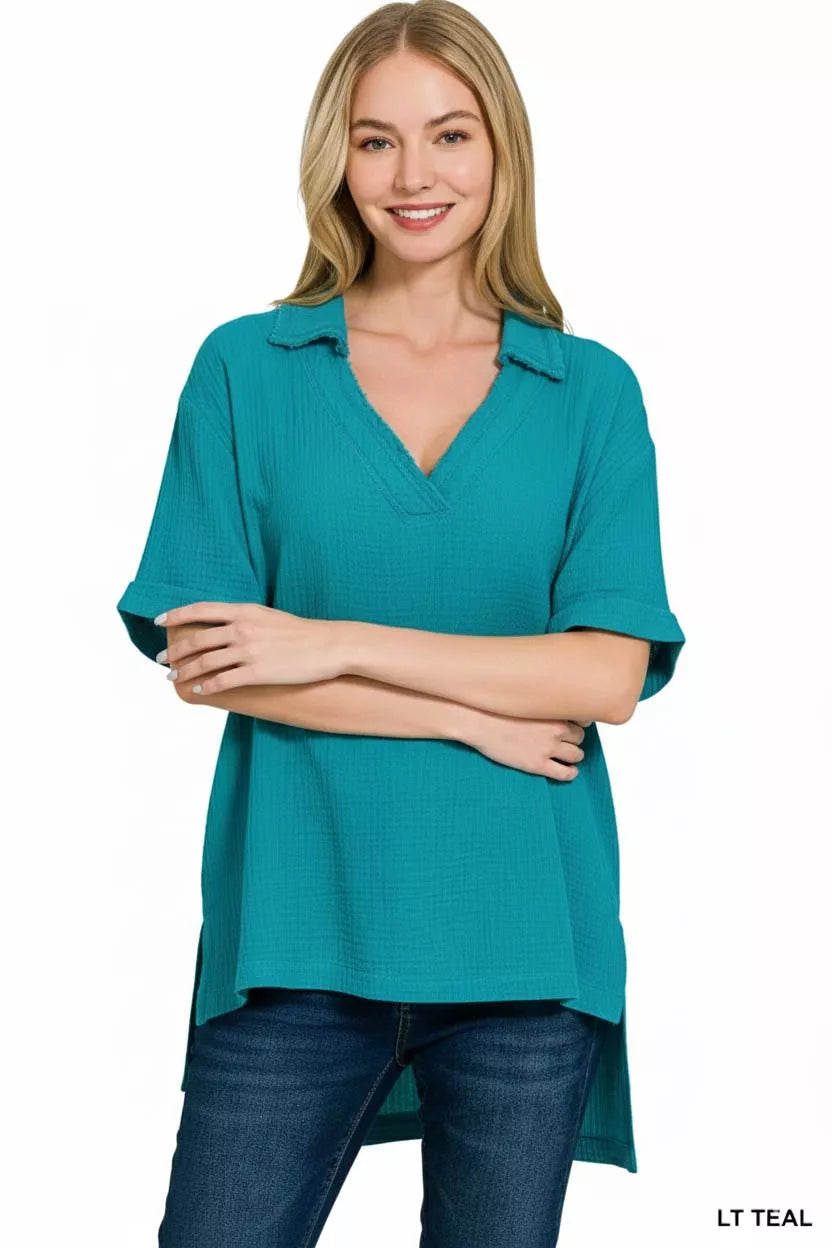 Zenana Double Gauze Short Sleeve High-Low Top