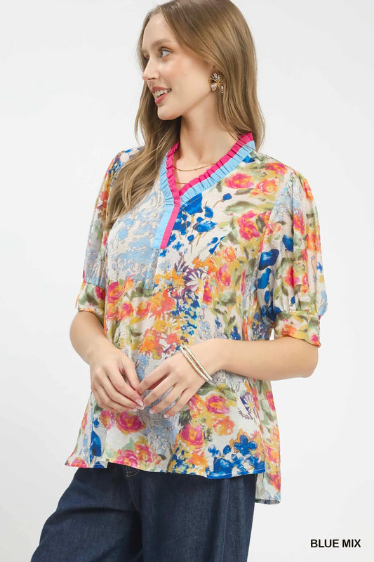 Umgee Floral Contrast Pleat Neck Top