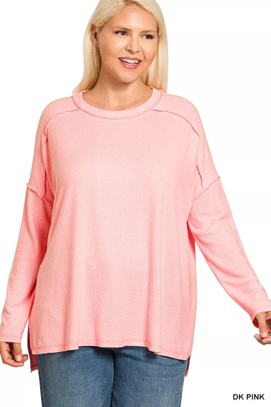 Zenana Full Size Melange Hacci Exposed Seam Hi-low Tee Plus Size