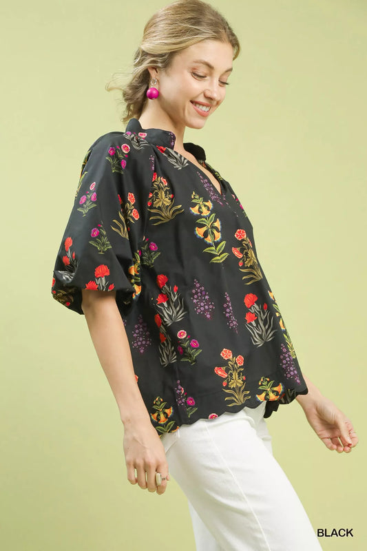 Umgee Floral Print Puff Sleeve Scallop Hem Blouse
