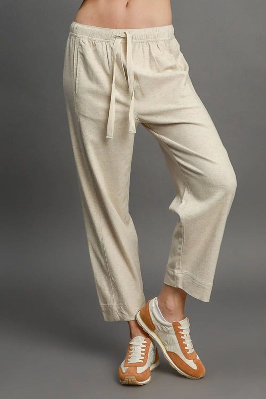 Umgee Full Size Drawstring Elastic Waistband Linen Blend Pants Plus Size
