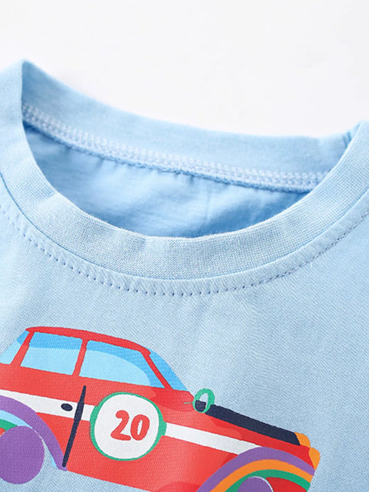 Children's Car Print Crew Neck Short Sleeve T-Shirt