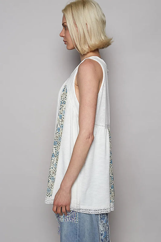 POL V Neck Sleeveless Tank Top with Lace Detail