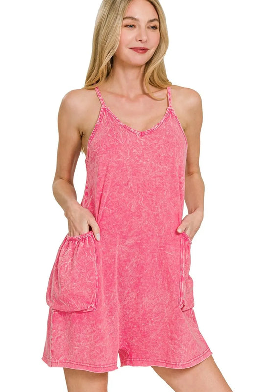 Zenana Acid Crinkle Washed Spaghetti Strap Romper