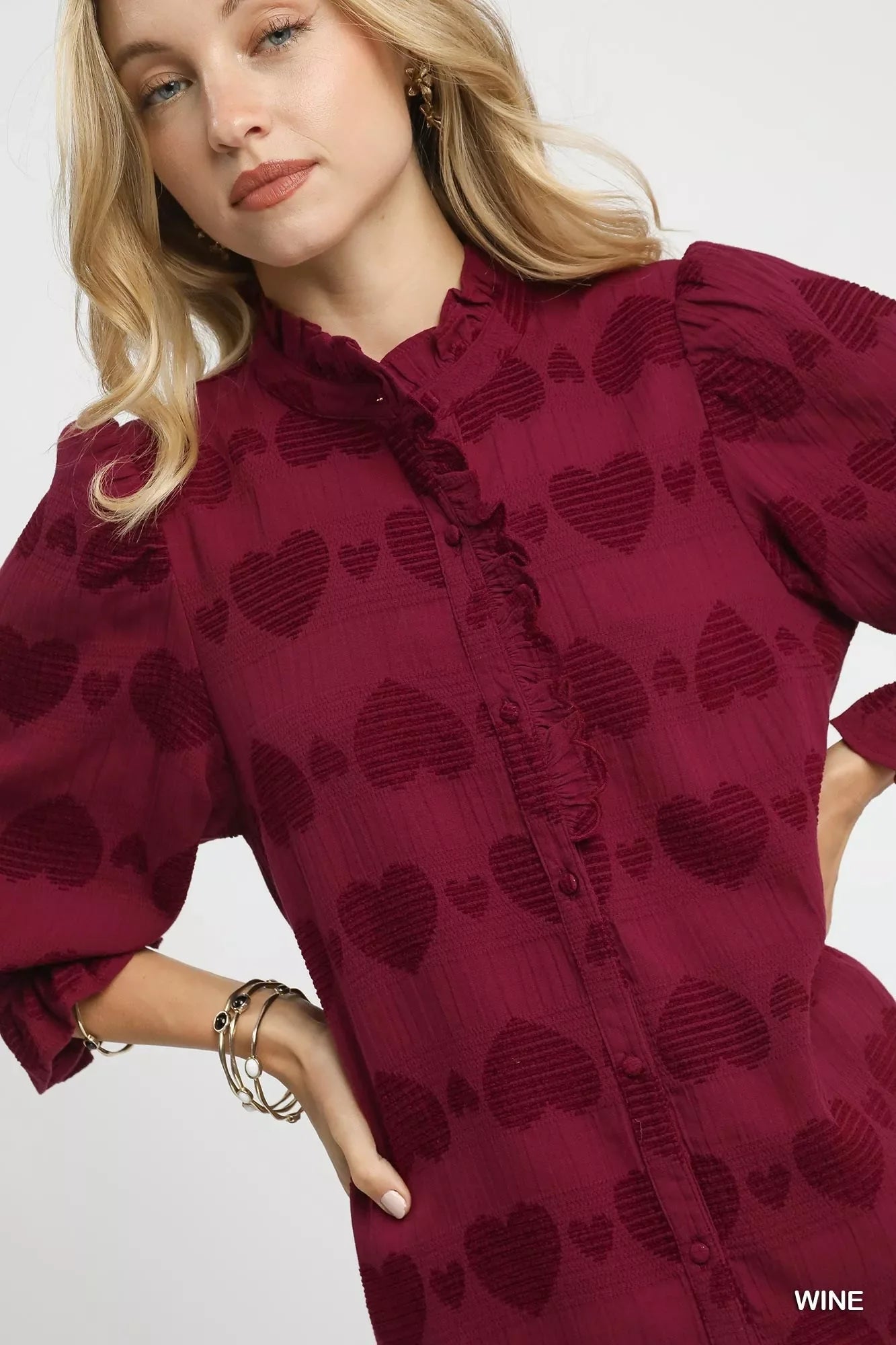 Umgee Heart Jacquard Ruffle Trim Shirt