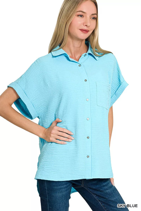 Zenana Woven Airflow Button Down Shirt