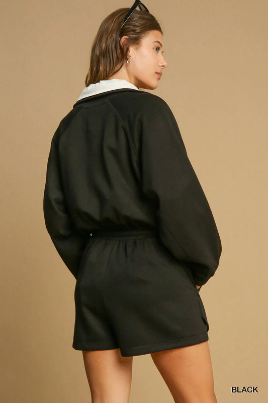 Umgee Half Zip Romper with Drawstring Waist