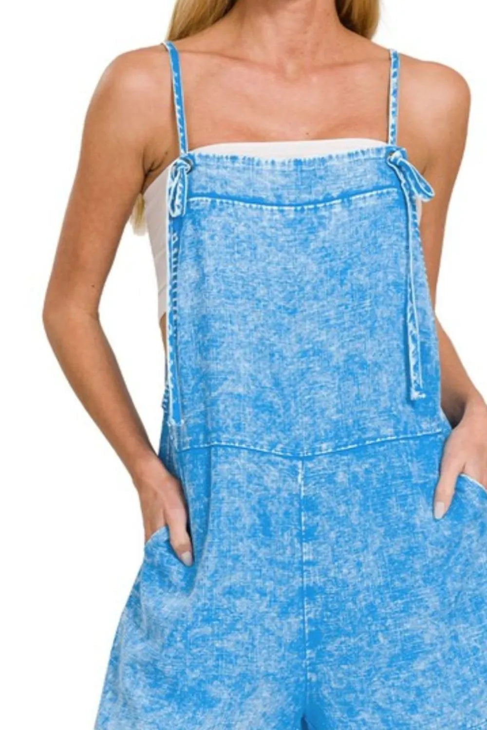 Zenana Washed Linen Knot Strap Rompers