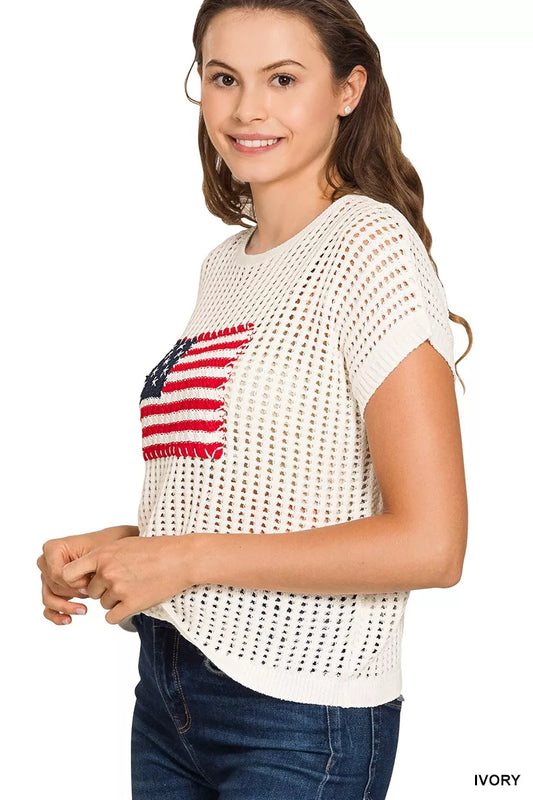 Zenana Viscose American Flag Openwork Knit Top