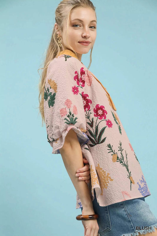 Umgee Floral Puff Sleeve Blouse with Scallop Trim Collar