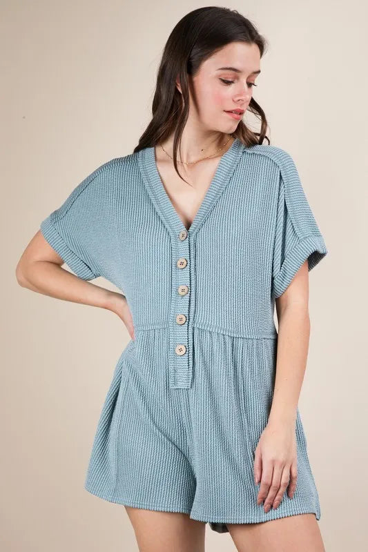 VERY J Two Tone Ribbed Knit Comfy Casual Romper