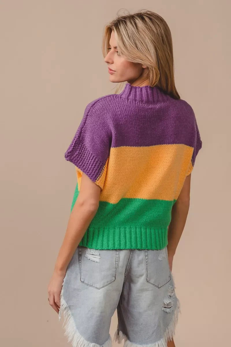 BiBi Mardi Gras Color Block Drop Shoulder Sweater Top