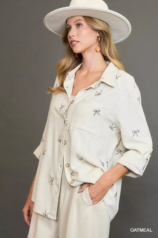 Umgee Linen Blend Fitted Shirt with Ribbon Embroidery Details