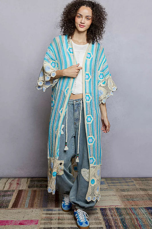 POL Striped and Floral Pattern Crochet Longline Cardigan