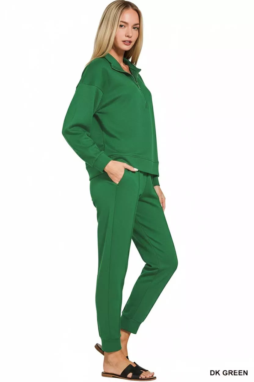 Zenana Scuba Half Zip Pullover and Jogger Set